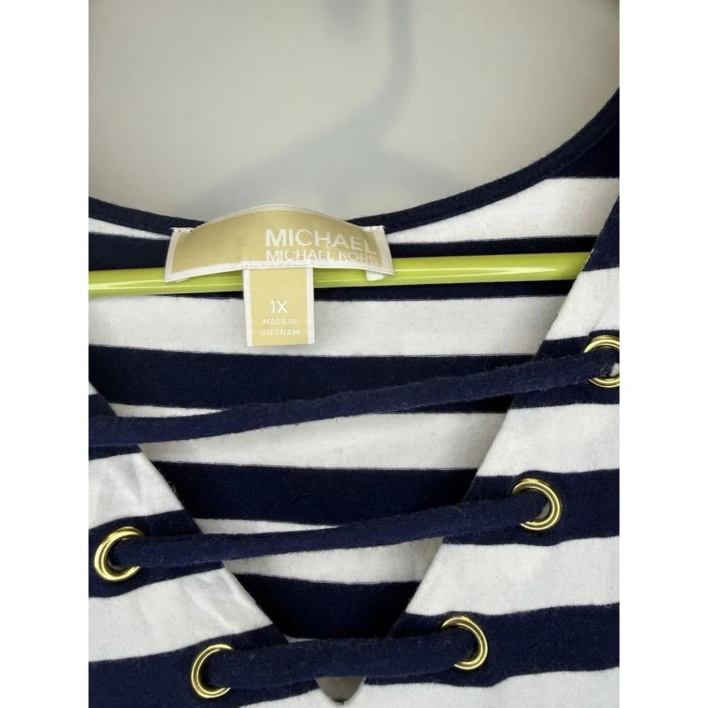 MICHAEL KORS Nautical Women’s 1X Blue & White Striped Dress Short Sleeve V Neck
